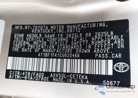 2012 Toyota Camry L from USA, damaged, VIN 4T1BF1FK1CU620466